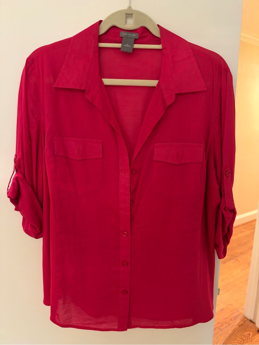 Ann Taylor hot pink Button-Front Roll-Tab Shirt